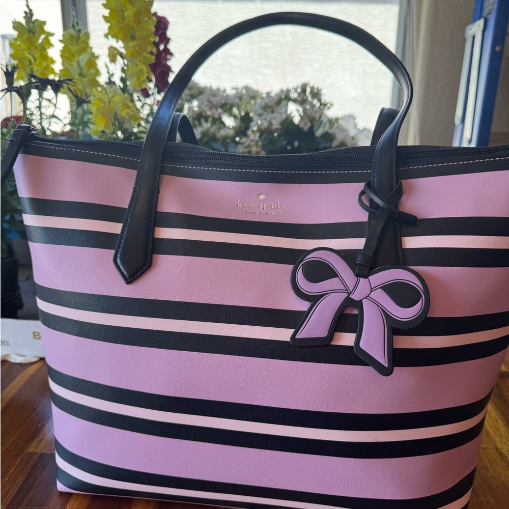 Kate Spade Cassie Ottoman Pink and Black Tote with Bow Accent
